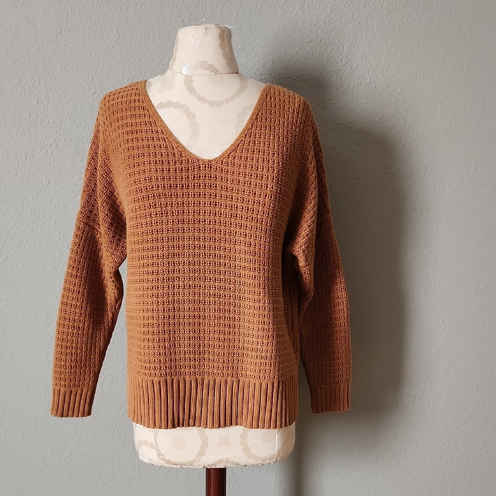 Rachel Zoe Waffle Knit V-Neck Sweater in Camel